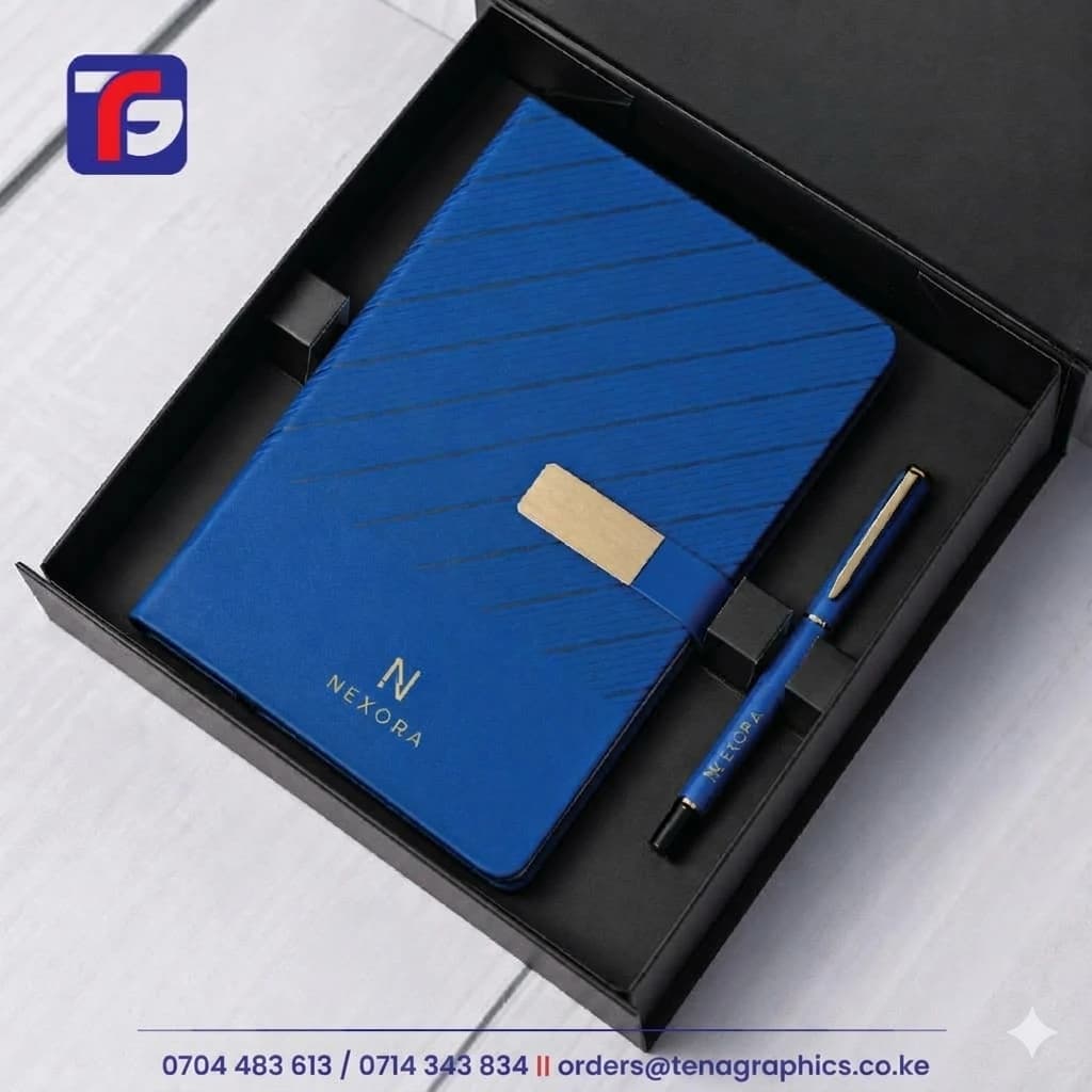 Laser engraved Nexora blue diary and luxury pen executive gift set.