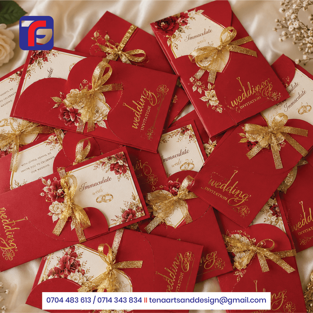 Red and gold wedding cards with floral inserts and ribbon bows — invitation cards printing Kenya by Tena Graphics
