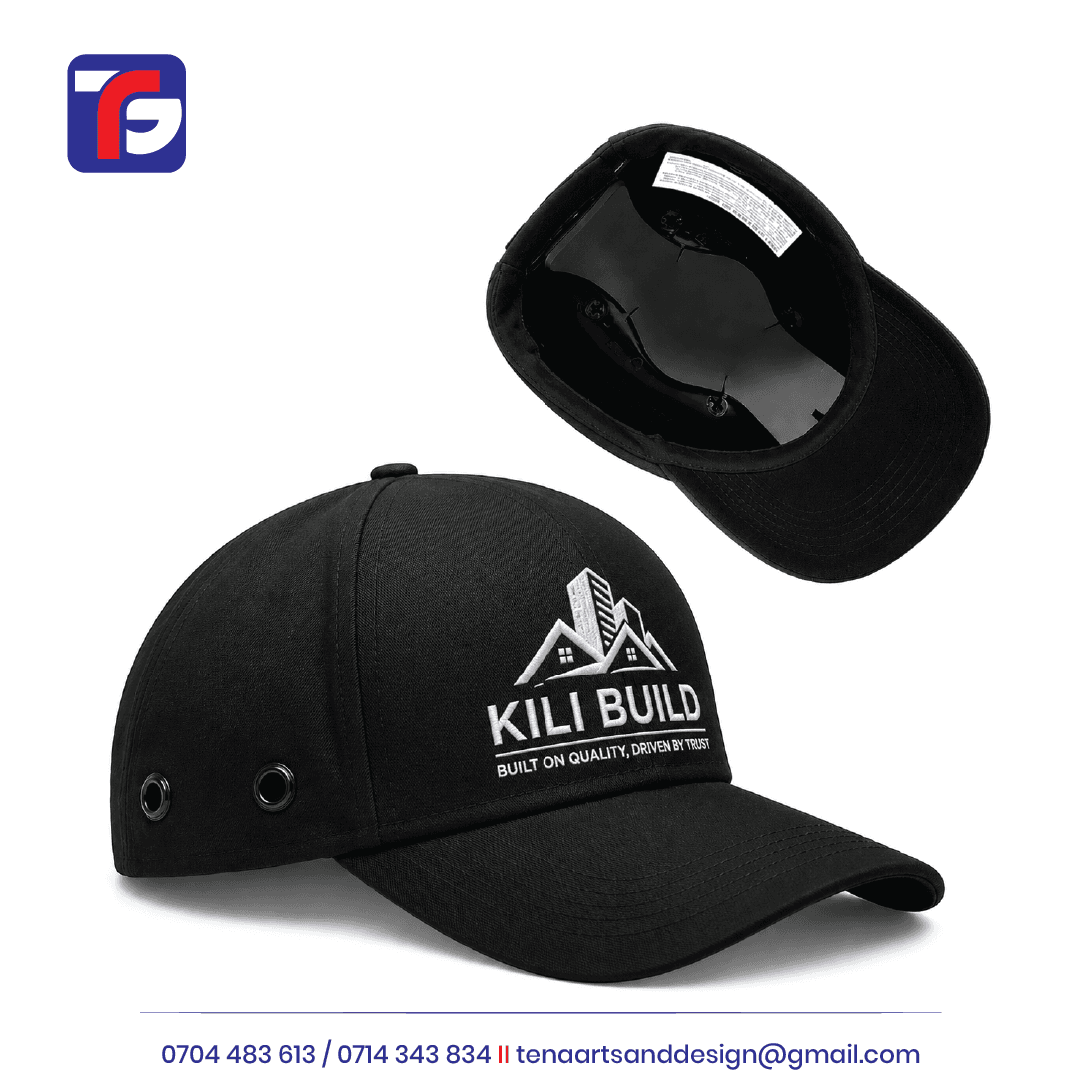 Black bump cap with white Kili Build logo branding, side eyelets and an underside view showing the internal rigid insert.