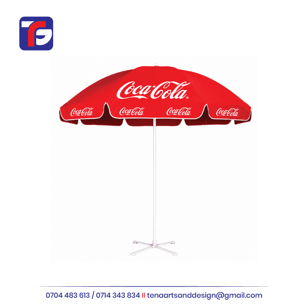 Red branded parasol with white Coca-Cola logos, shaped valance panels, white central pole and cross-shaped stand.