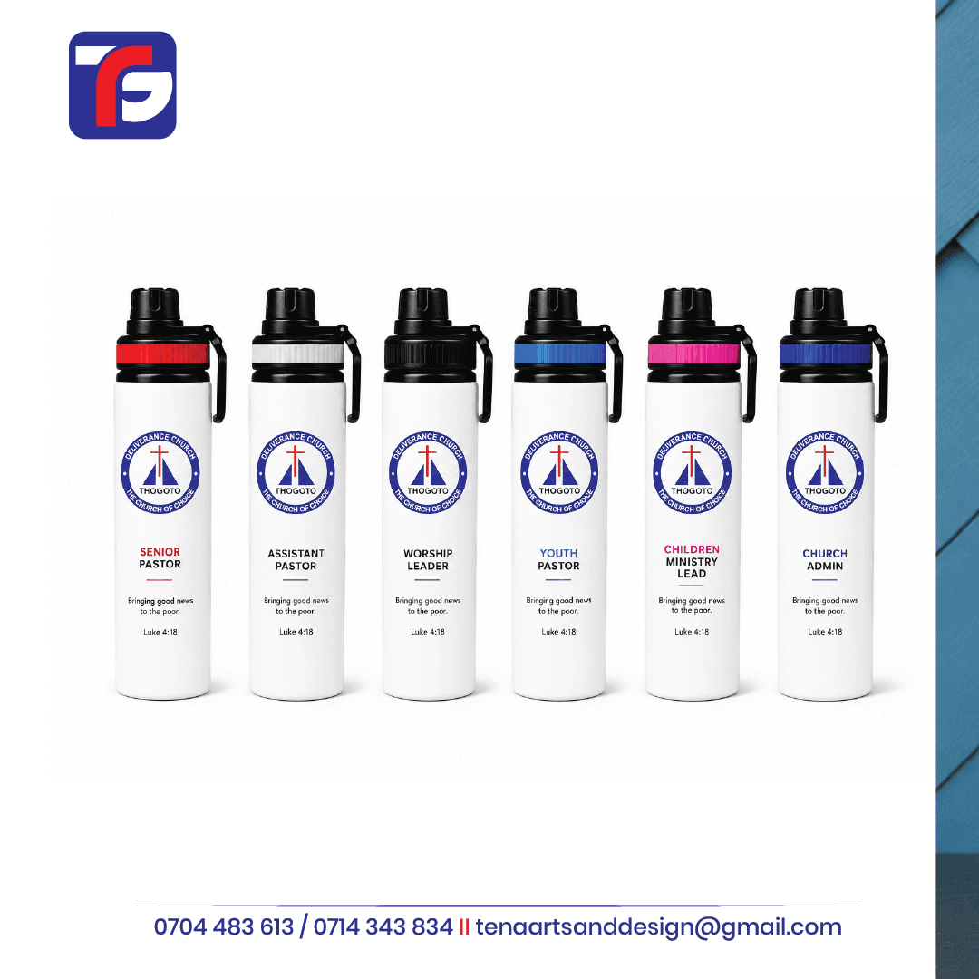 Six white branded water bottles with Deliverance Church Thogoto logos, ministry role titles, black tops and coloured lid bands.