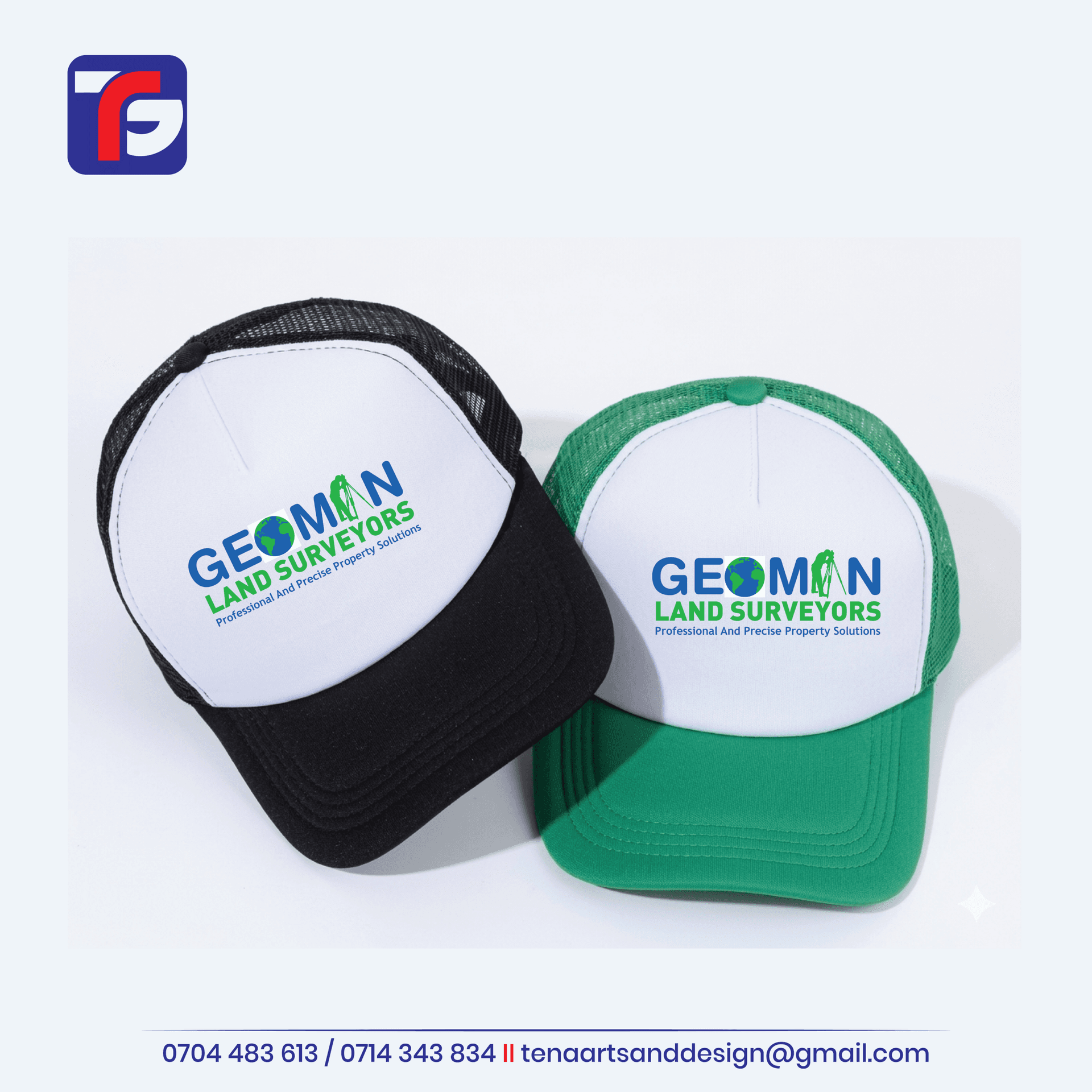 Branded two colour trucker caps in black-and-white and green-and-white with Geoman Land Surveyors logos.