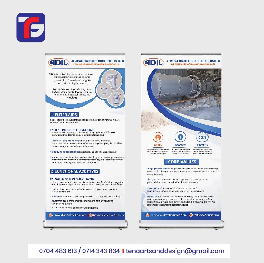 Two blue and white roll up banners with company logos, industrial product images, silver top rails and broad bases.