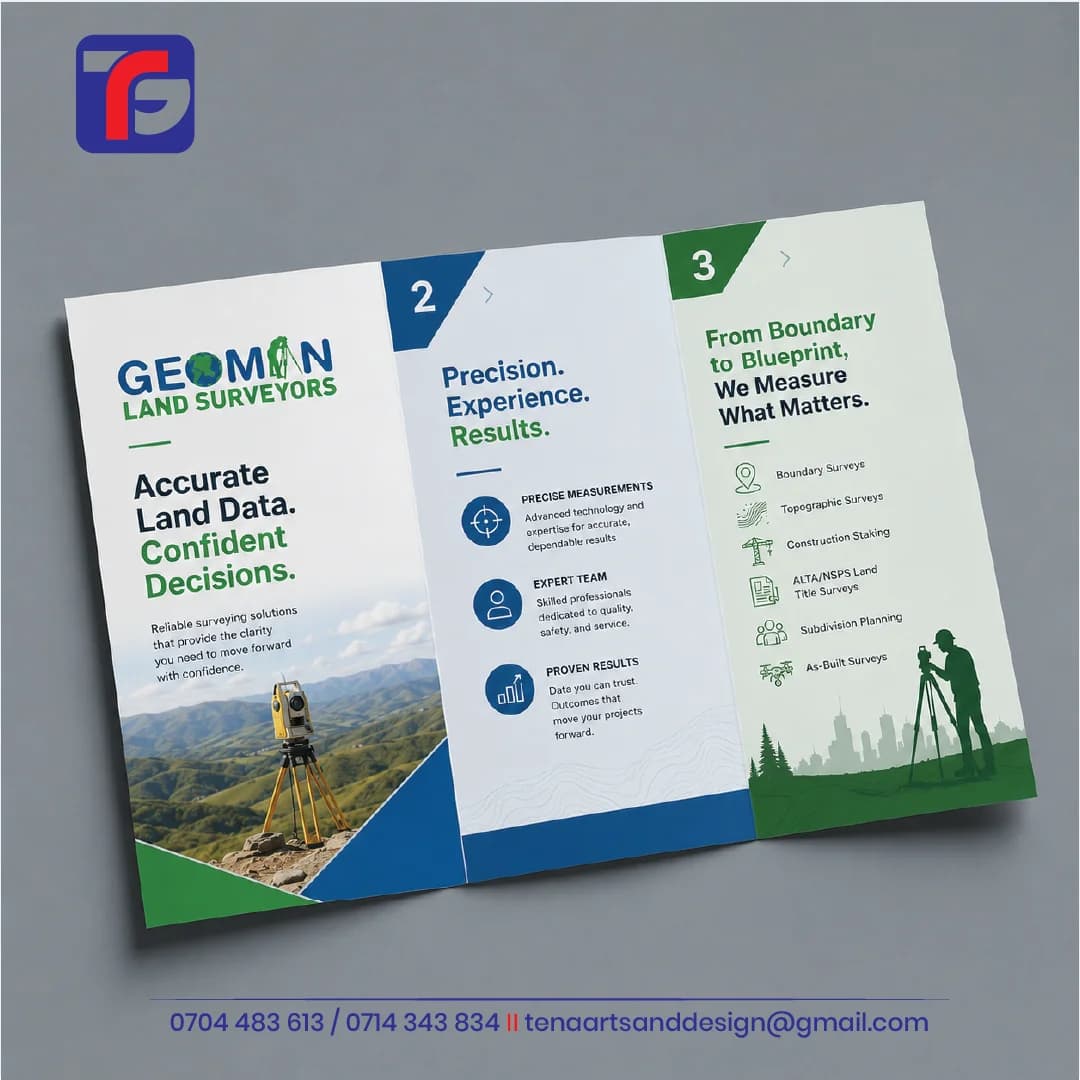Three-panel Geoman Land Surveyors brochure with blue and green branding, surveying equipment photograph and illustrated service list.