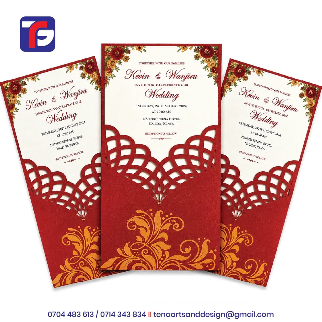 Three red and gold die cut wedding invitation cards with cream floral inserts and decorative cut-out pockets.