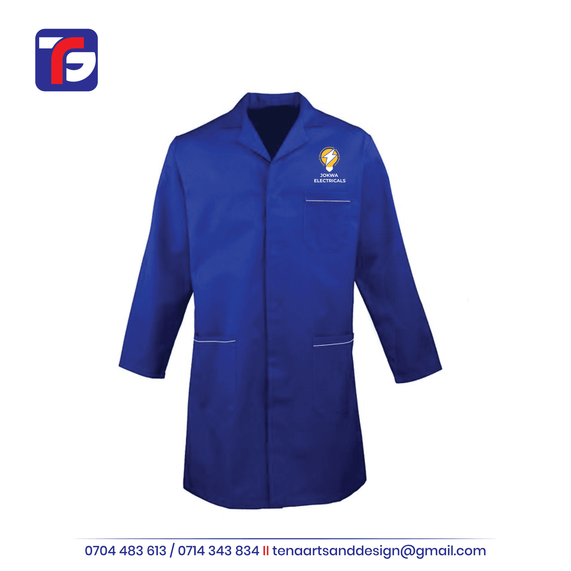 Blue branded dustcoat with Jokwa Electricals chest logo, long sleeves, a fold-down collar and three front pockets.