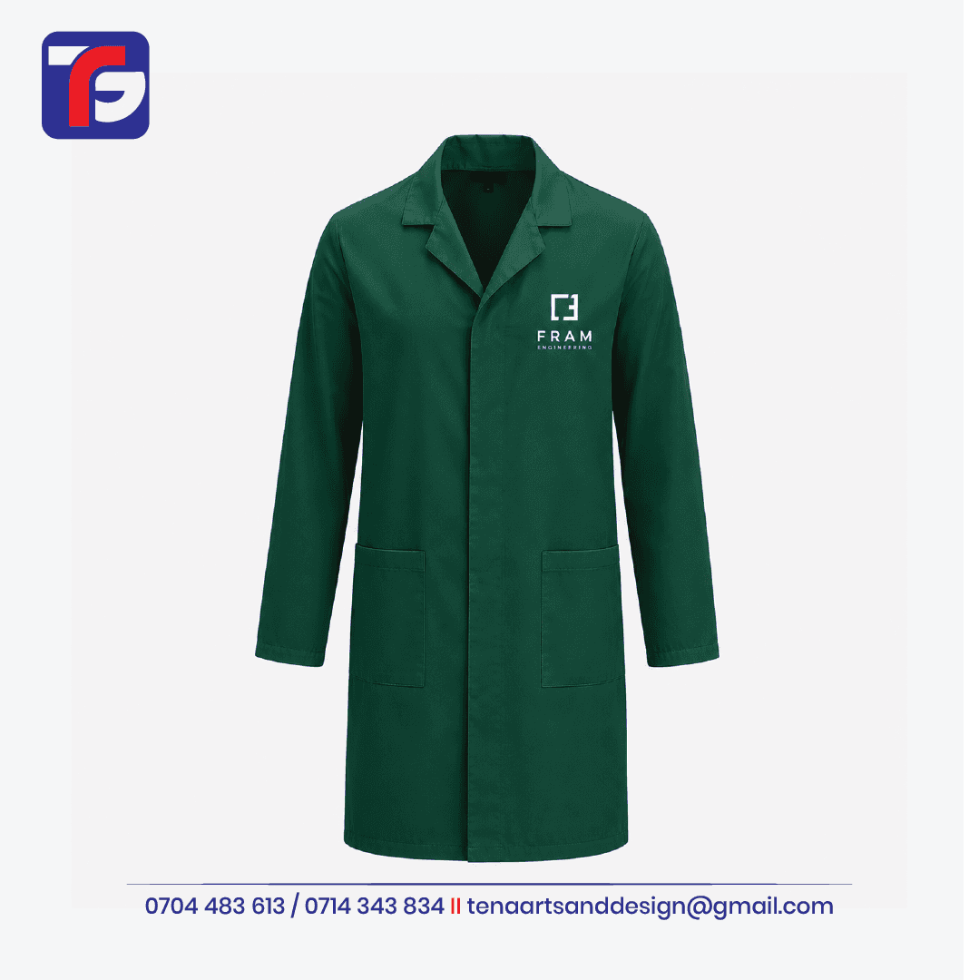 Dark-green branded dustcoat with white Fram Engineering chest logo, long sleeves and two lower patch pockets.