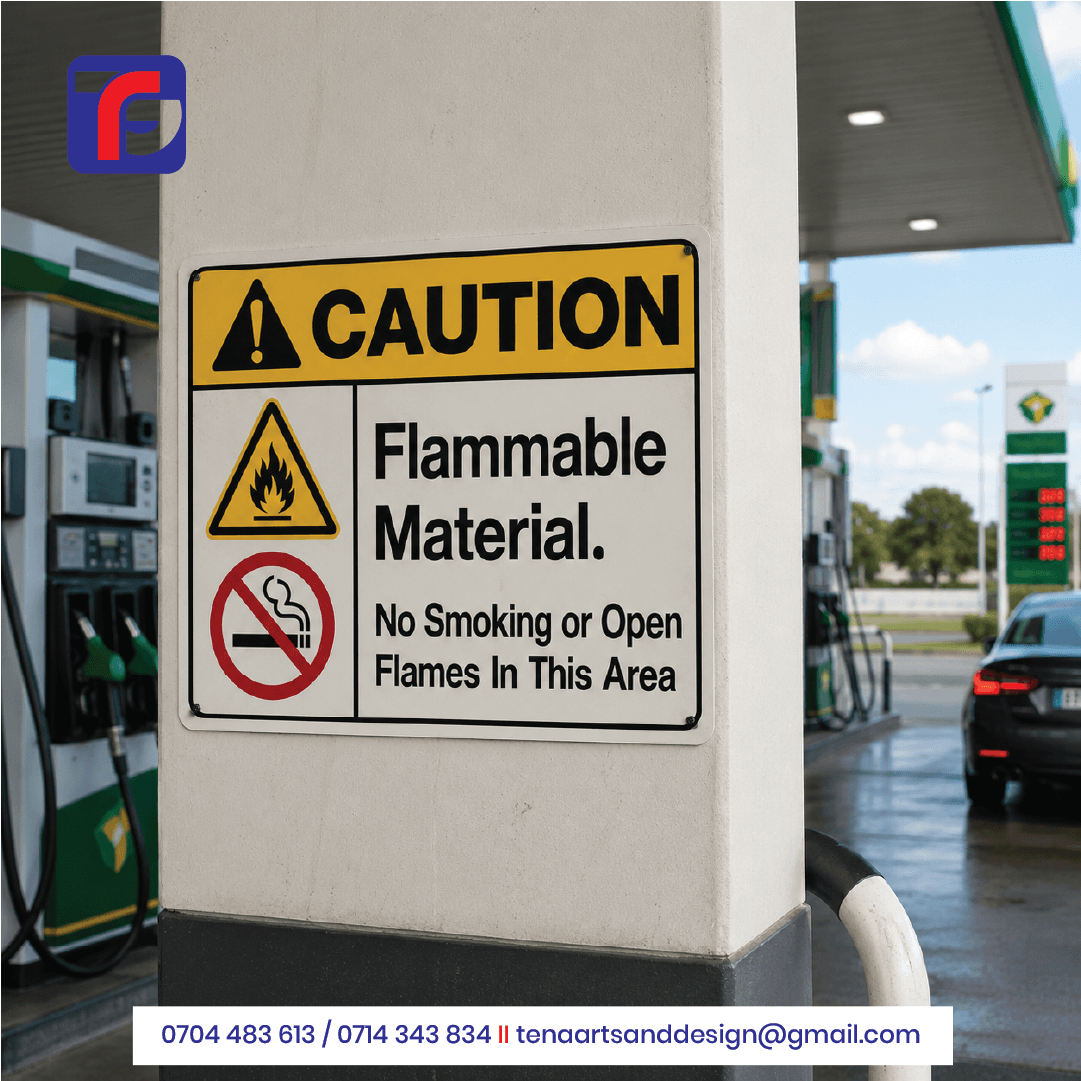 Flammable Material Warning Sign with caution heading, flame symbol and no smoking or open flames instruction at a petrol station.