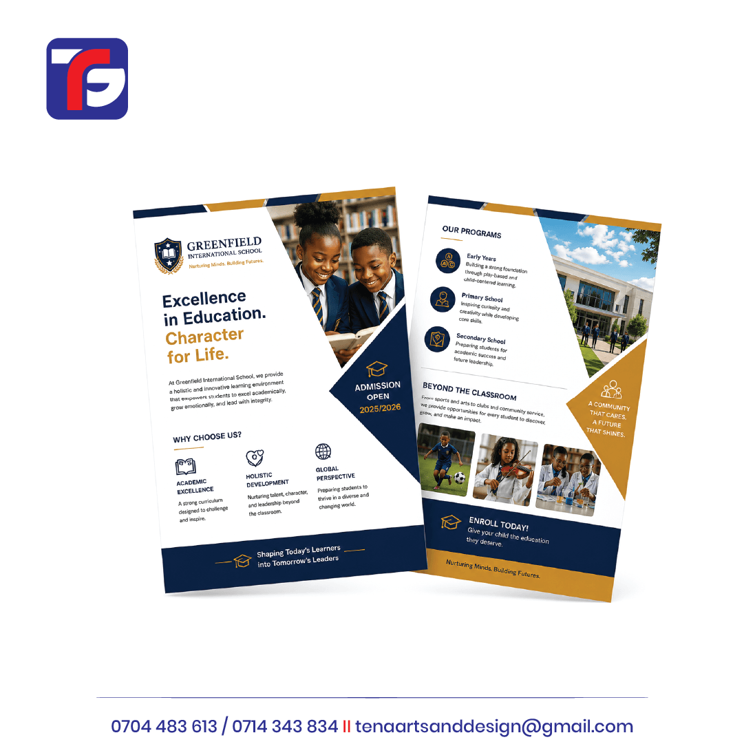 Front and back of a school promotional flyer with navy and gold graphics, student photographs, programme details and admissions wording.