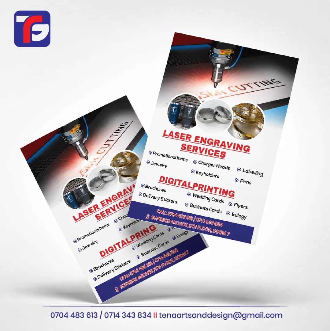 Business flyers promoting laser engraving and digital printing, with product photographs, red headings and navy contact footers.