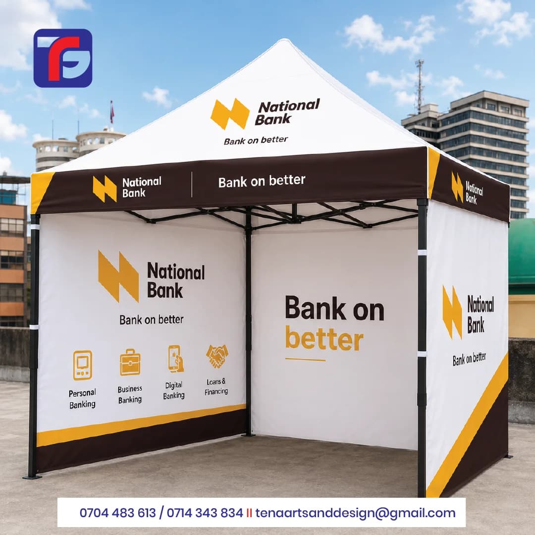 Custom branded gazebo with a white peaked canopy, brown borders, yellow National Bank logos and printed wall panels.