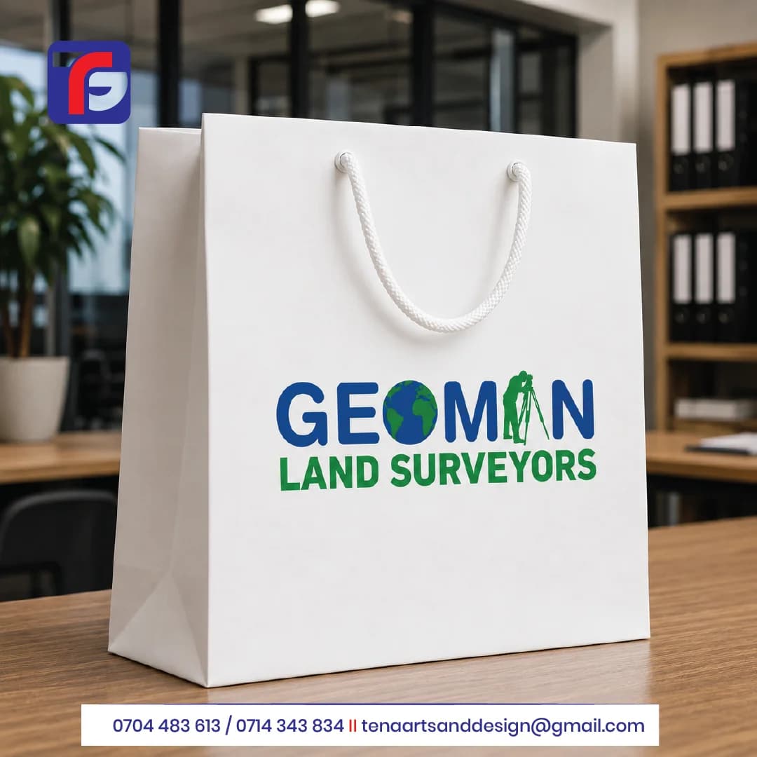 White branded gift bag with matching cord handles, folded side panels and a blue-and-green Geoman Land Surveyors logo.