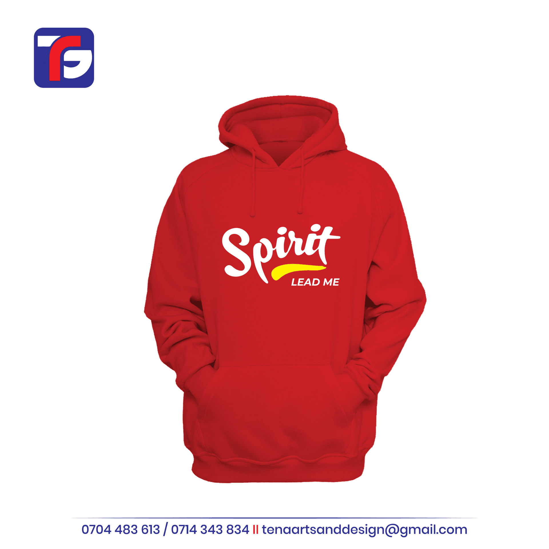 Red Spirit Lead Me hoodie with white chest lettering, a yellow accent, drawstring hood and front kangaroo pocket.