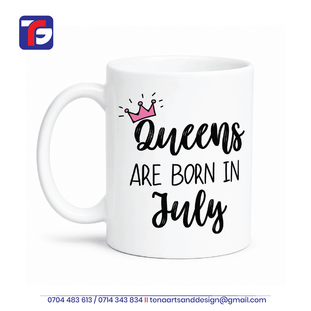 July birthday mug for her in white with black Queens Are Born in July lettering and a pink crown