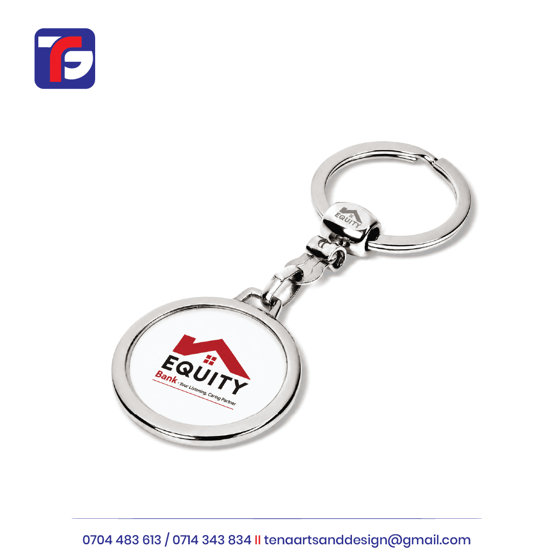 Round branded keyholder with an Equity Bank logo on a white face, a silver-coloured border and a linked split keyring.
