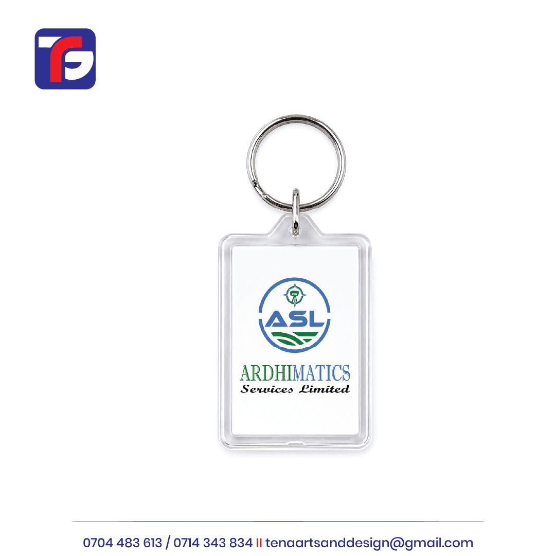 Clear branded keyholder with a rectangular ASL logo insert, rounded corners and a silver-coloured split keyring.