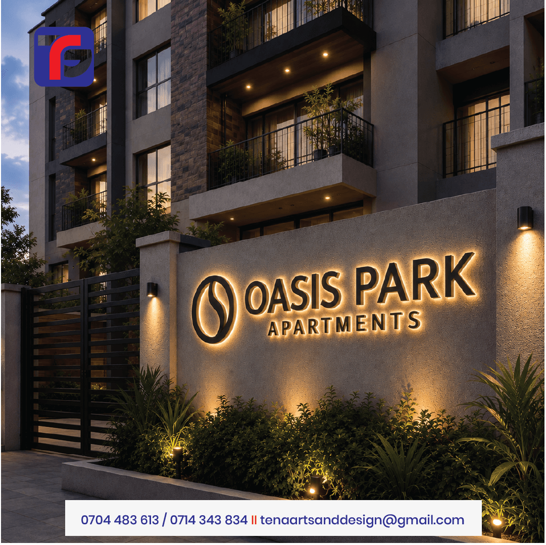 Illuminated property name signage with raised Oasis Park Apartments letters and a circular logo backlit on an entrance wall
