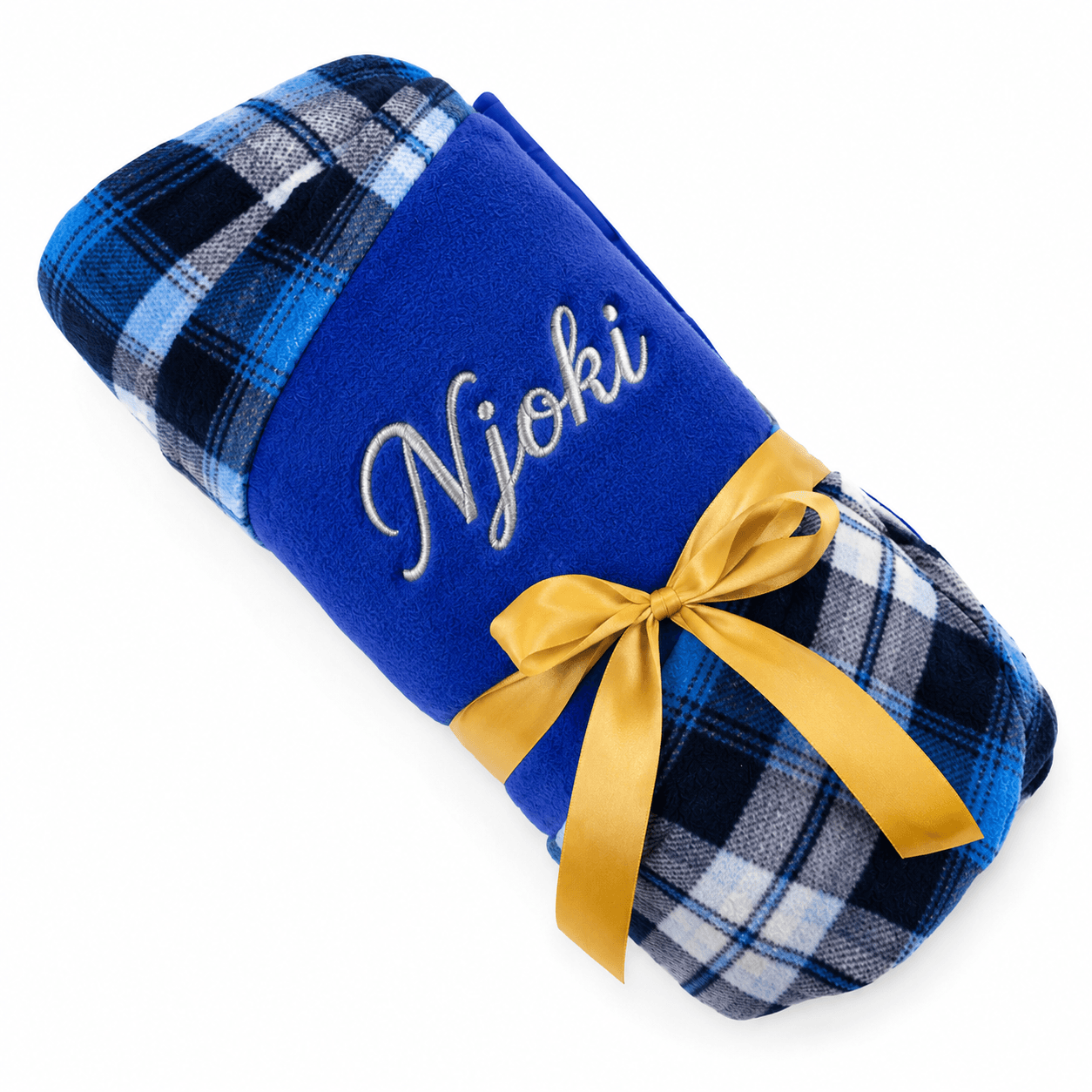 Personalised Maasai fleece blanket with blue checks, royal blue lining, Njoki name embroidery and a golden-yellow ribbon.