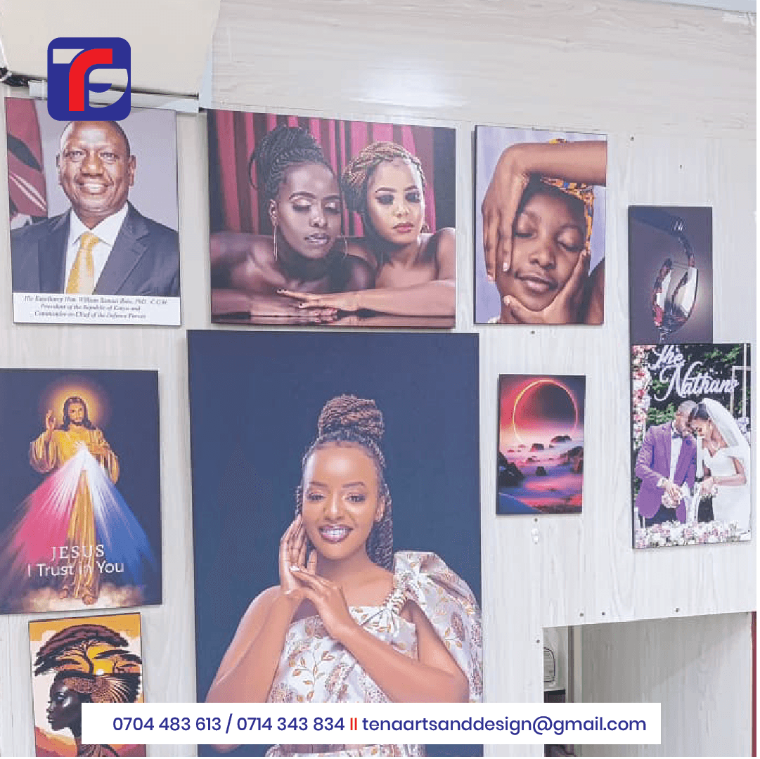 Personalised photo mounts displayed on a wall with individual portraits, a wedding photograph and decorative artwork in different sizes.