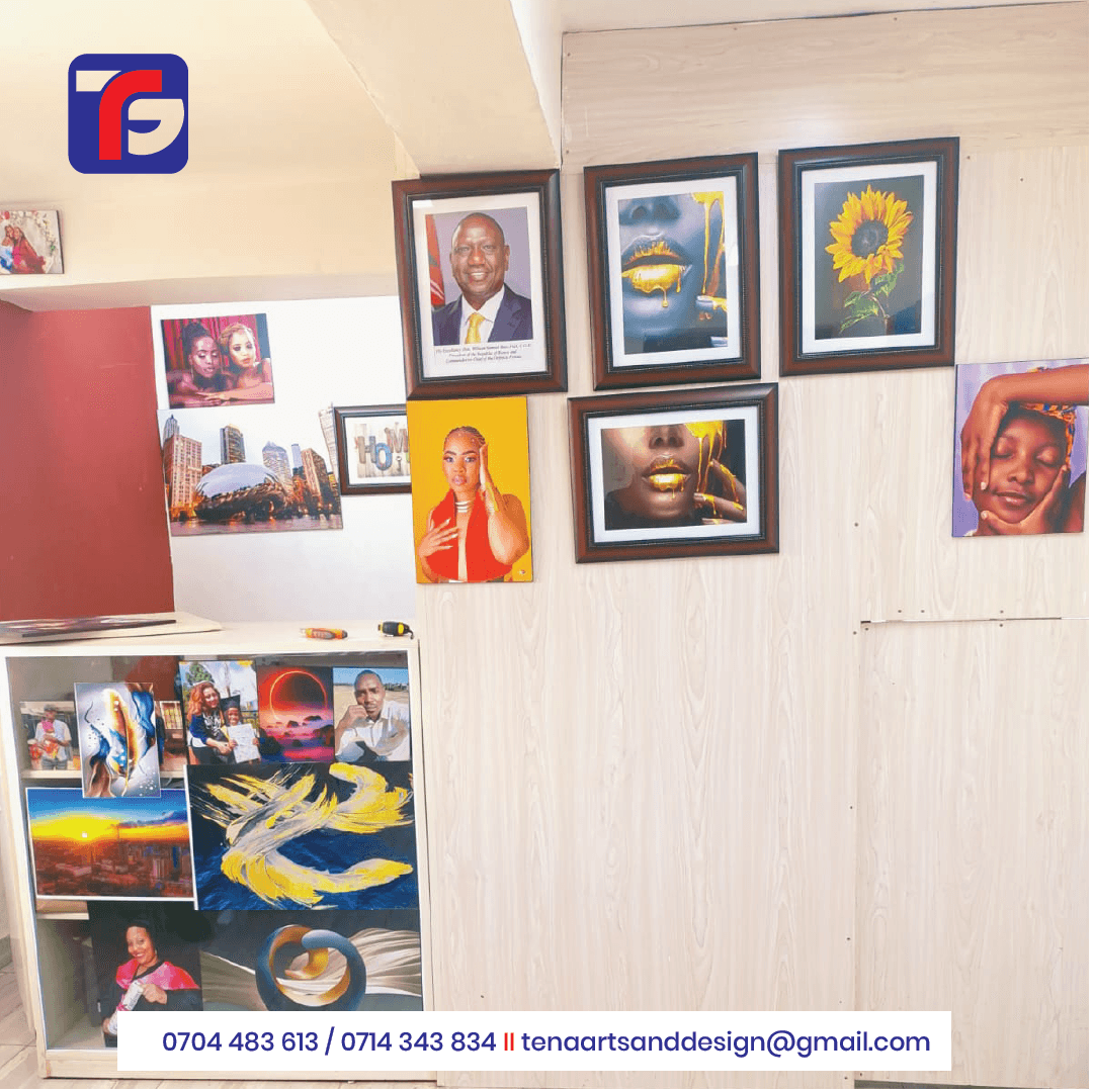 Framed photo prints with dark brown borders and white image surrounds displaying a formal portrait, sunflower photograph and decorative artwork.