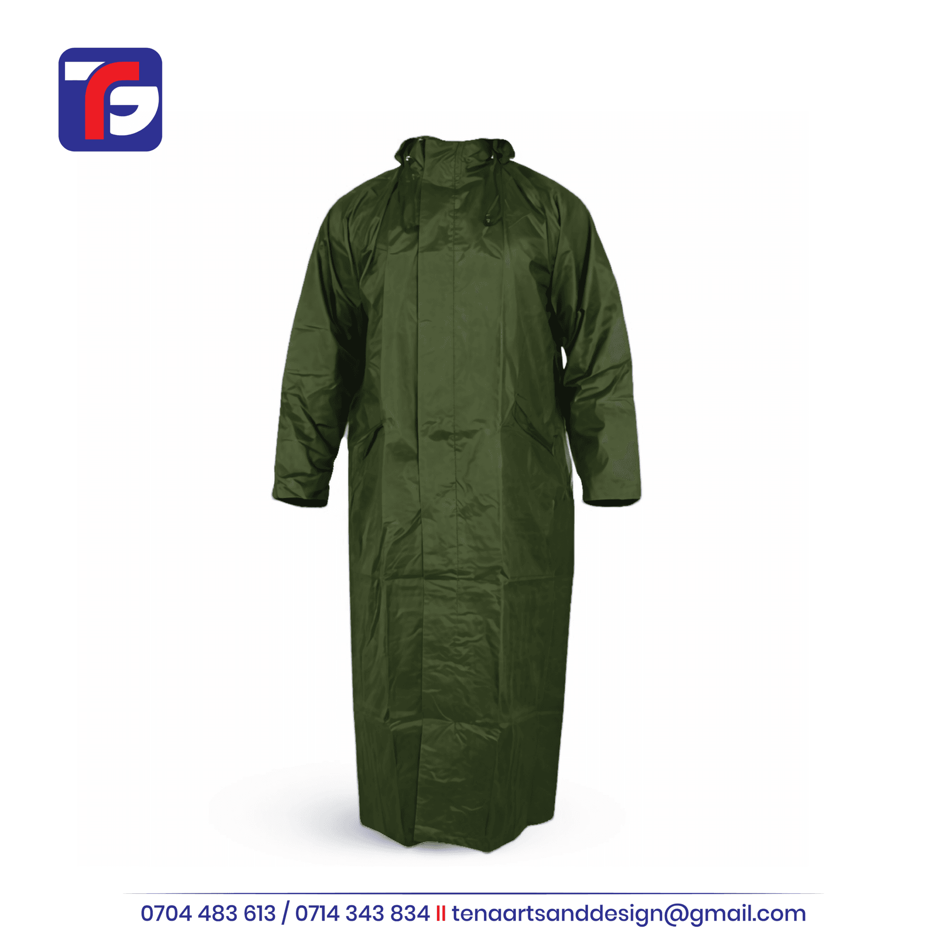 Olive-green long hooded raincoat with long sleeves and a covered front fastening.