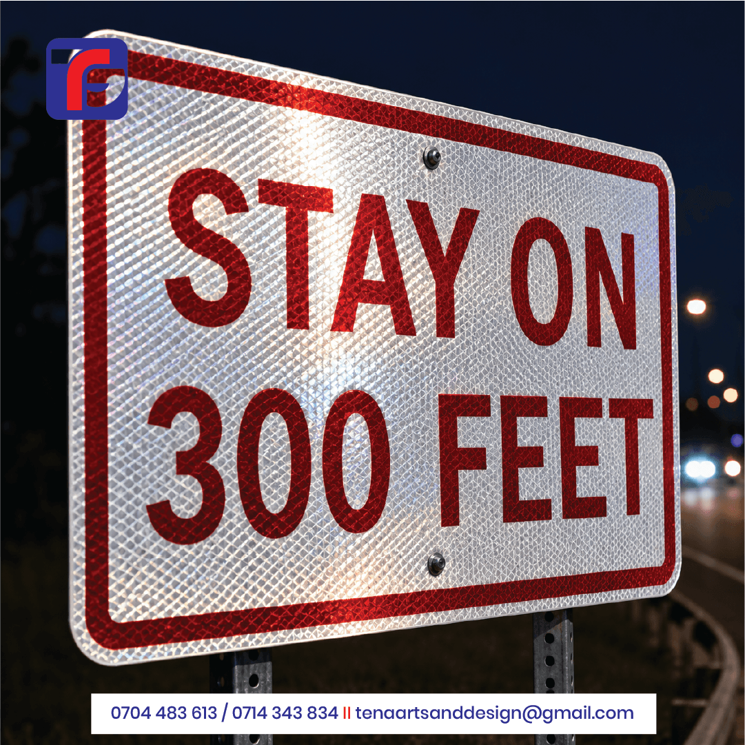 Reflective Road Sign Kenya displaying Stay On 300 Feet in red lettering on a white background at night