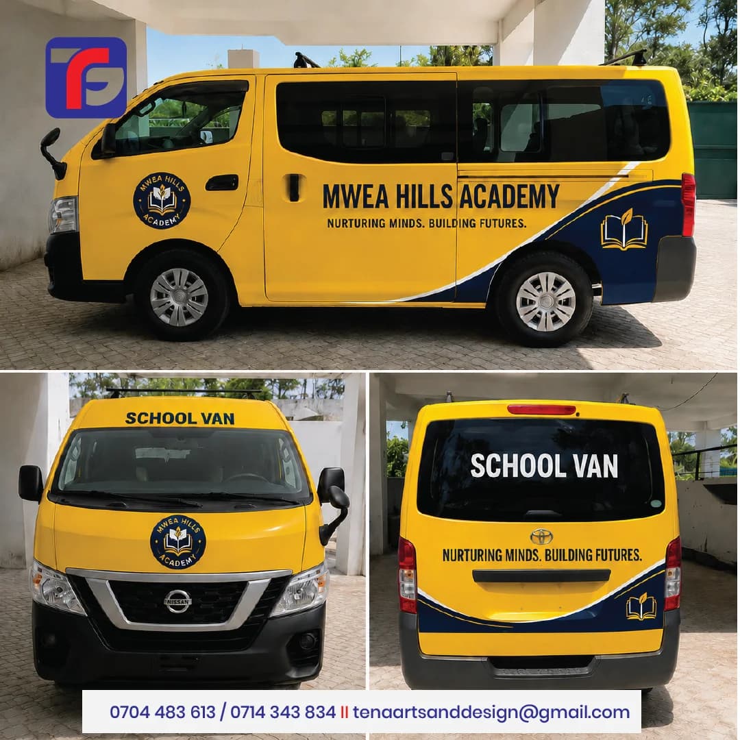 School van branding on a yellow vehicle with Mwea Hills Academy lettering, school crests and navy graphics.