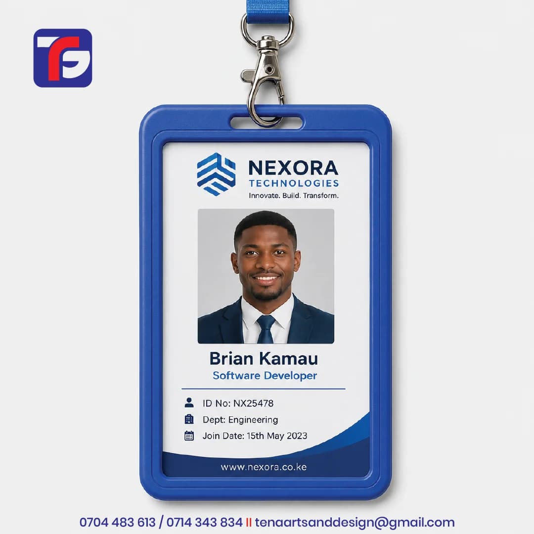 Staff ID cards with holders sample showing a personalised photo badge in a blue case attached to a lanyard clip.