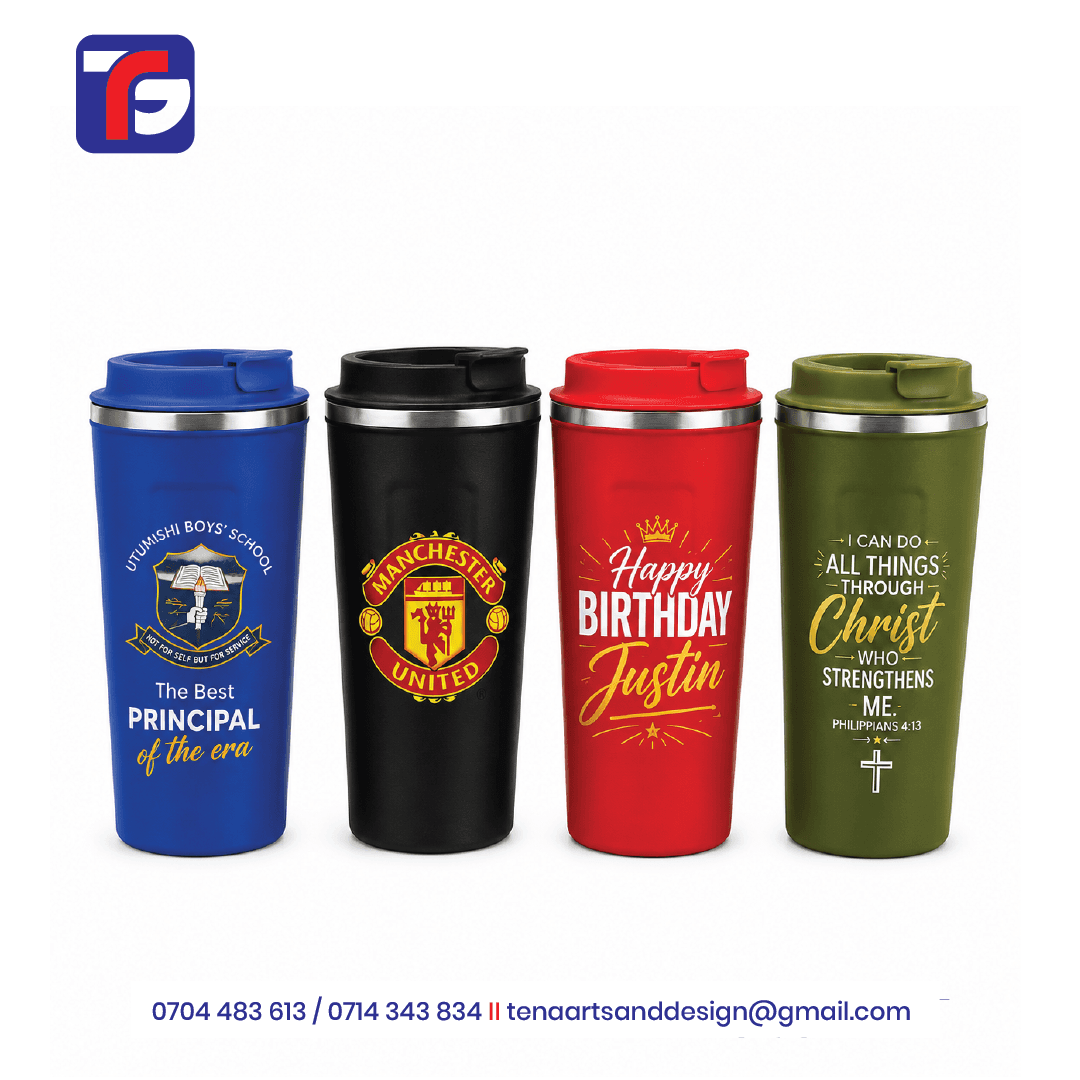 Personalised thermal gift mugs in blue, black, red and olive green with matching lids and custom artwork.