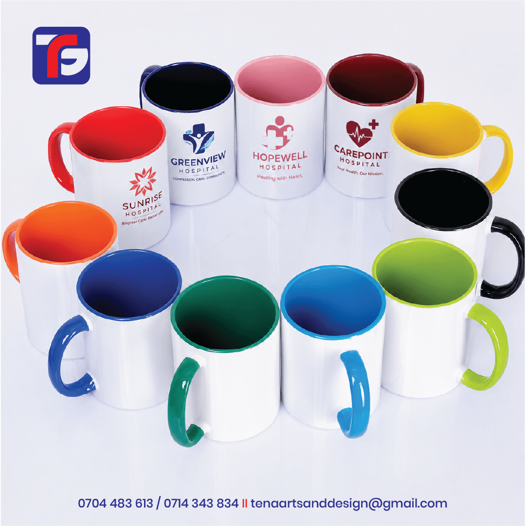 Hospital logo mugs with white exteriors, assorted coloured interiors and matching handles.