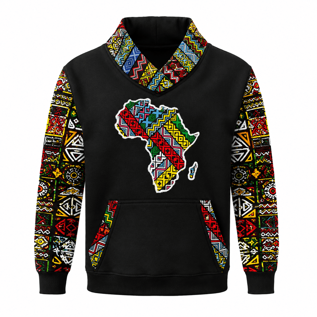 Black Africa map Ankara hoodie with multicoloured patterned sleeves, crossover hood trim and kangaroo pocket accents.