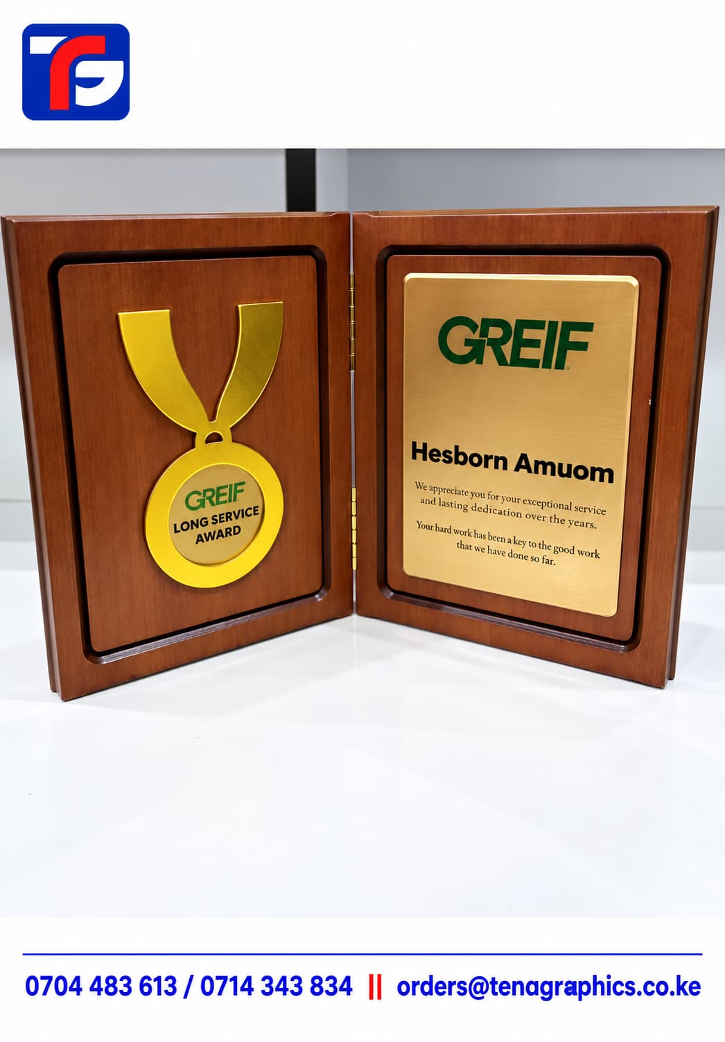 Booklet Wooden Award Kenya, custom engraved trophy by Tena Graphics