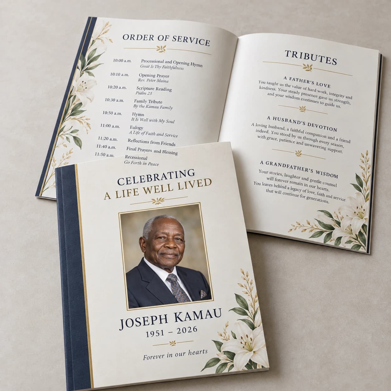 Burial programme design sample showing a cover portrait and order of service