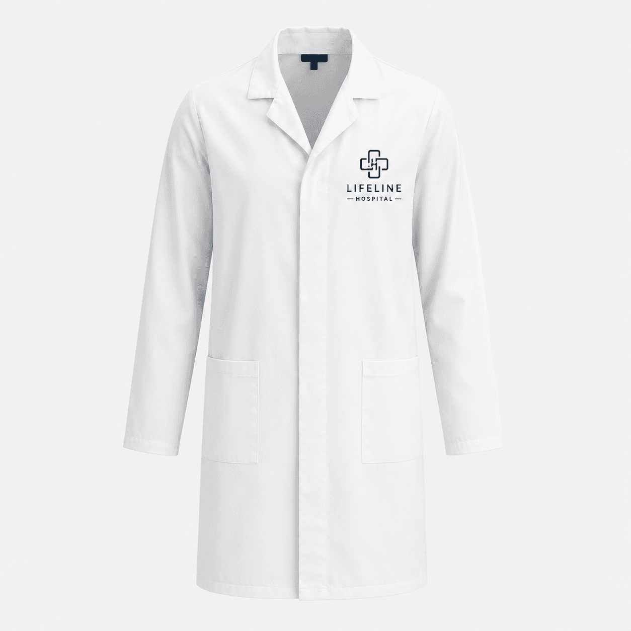 White hospital dustcoat with navy Lifeline Hospital chest logo, long sleeves and two lower pockets