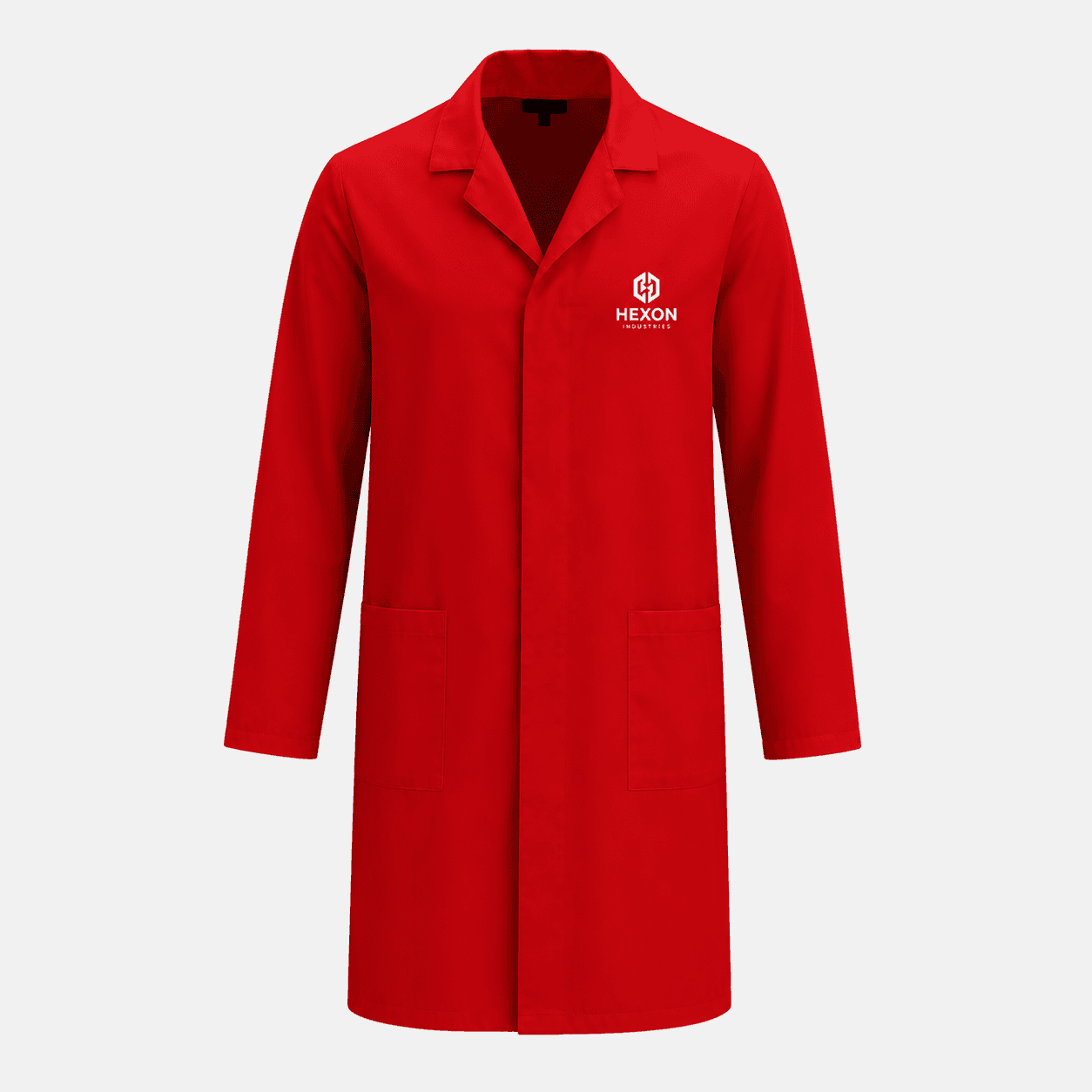 Red branded dustcoat with white Hexon Industries chest logo, long sleeves, a fold-down collar and two lower pockets.