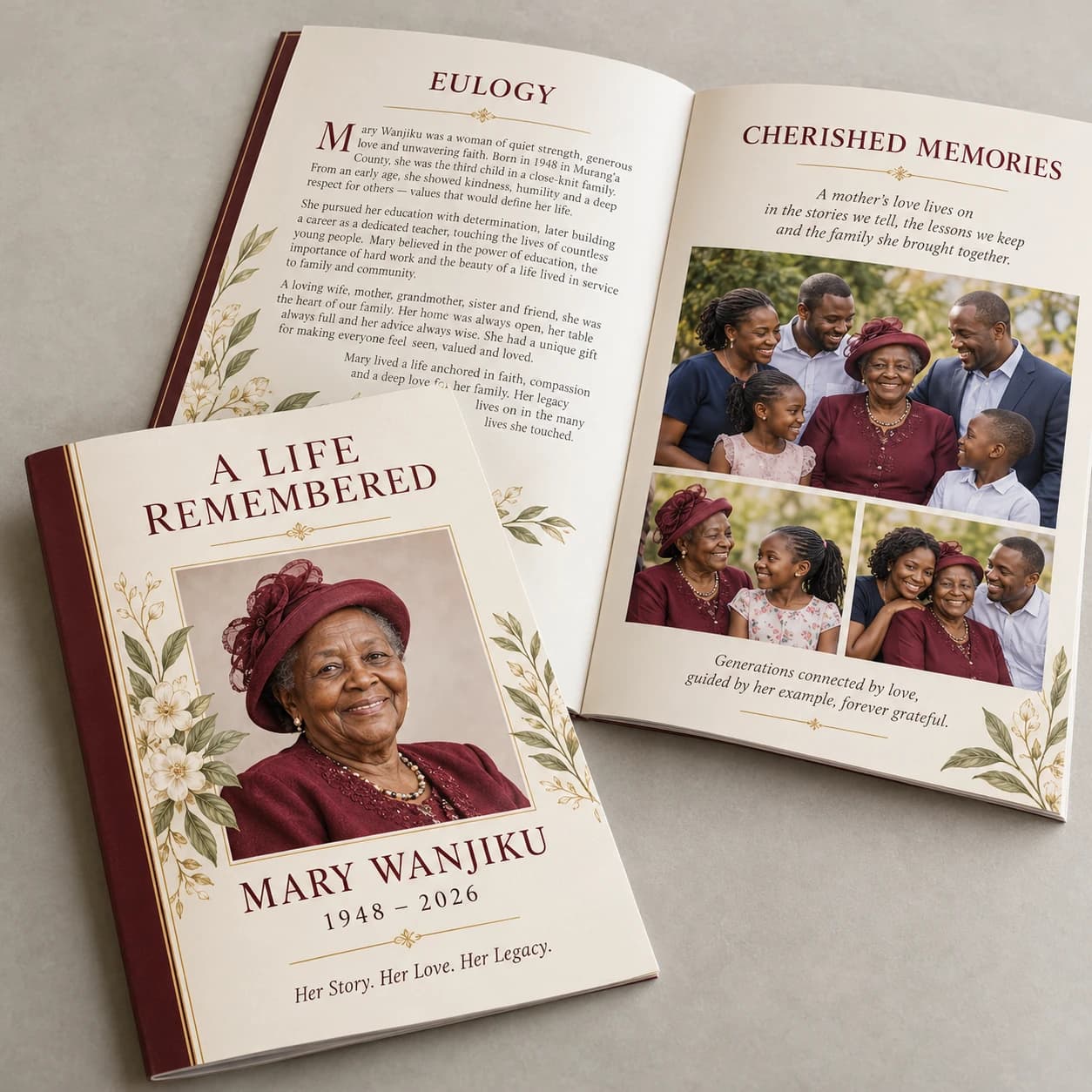 Eulogy booklet design sample showing a cover portrait, biography and family tributes