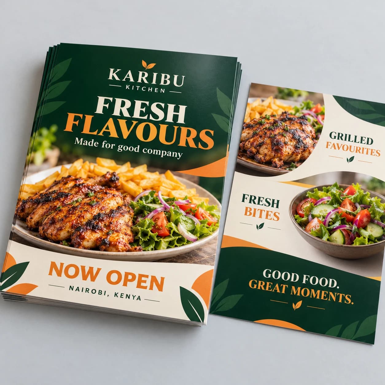 Professional restaurant flyer design with food photography and coordinated green, orange and cream layouts.