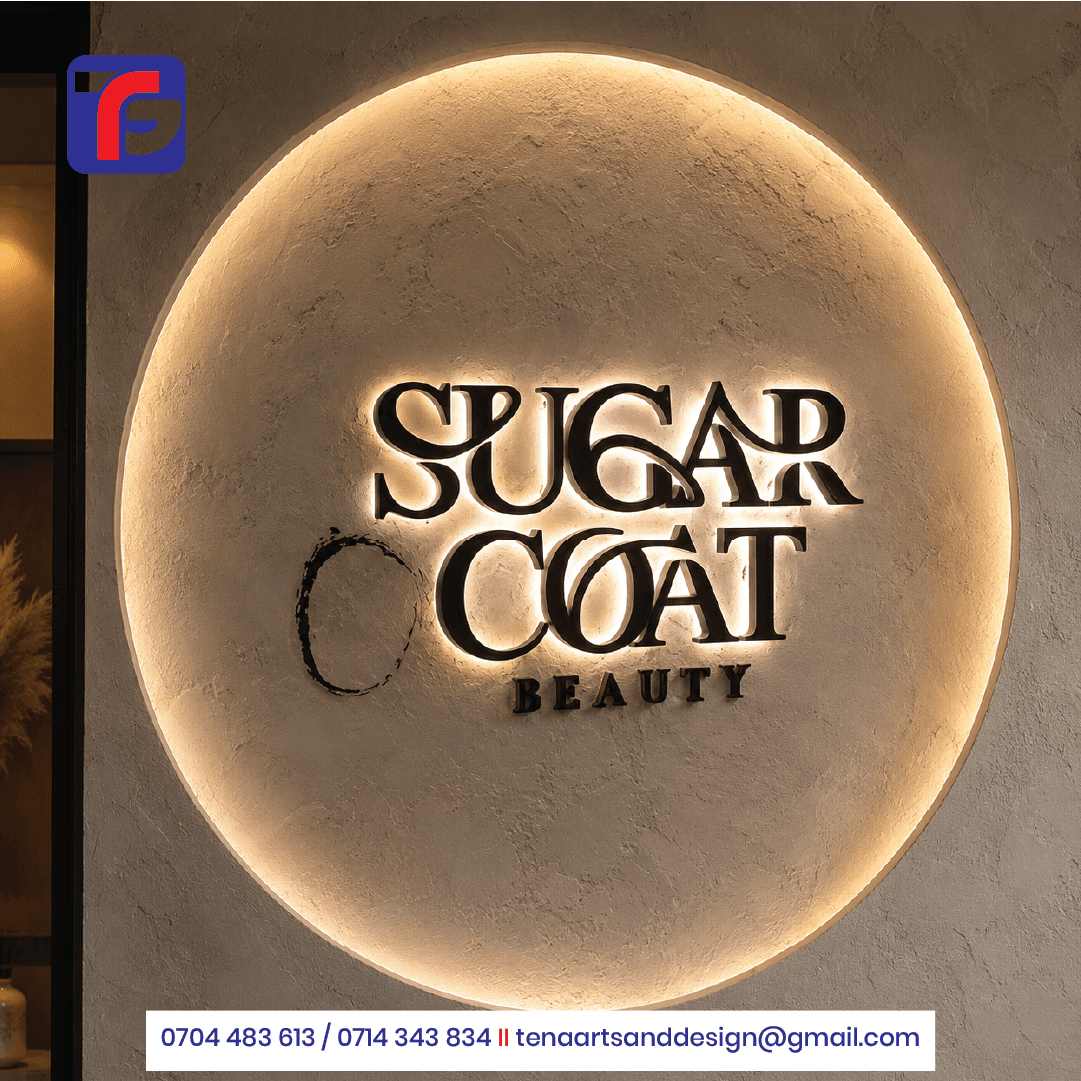 Illuminated acrylic salon signage displaying Sugar Coat Beauty in raised dark letters with warm backlighting