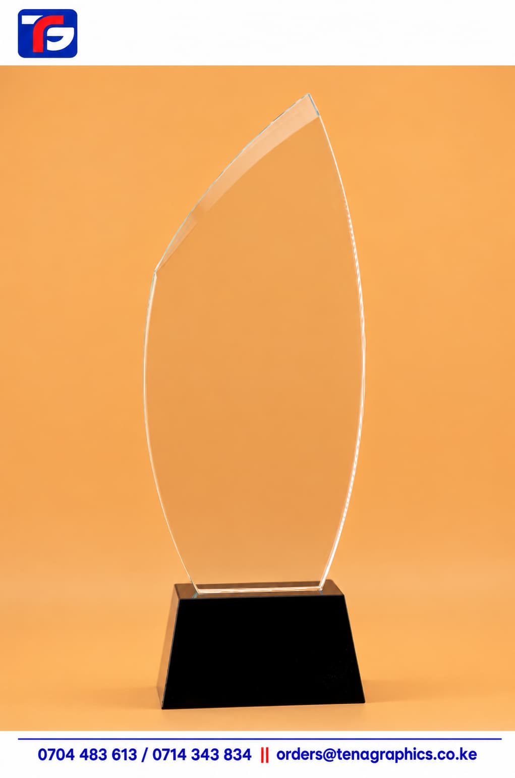 Long Glass Curved Award Kenya, custom engraved trophy by Tena Graphics