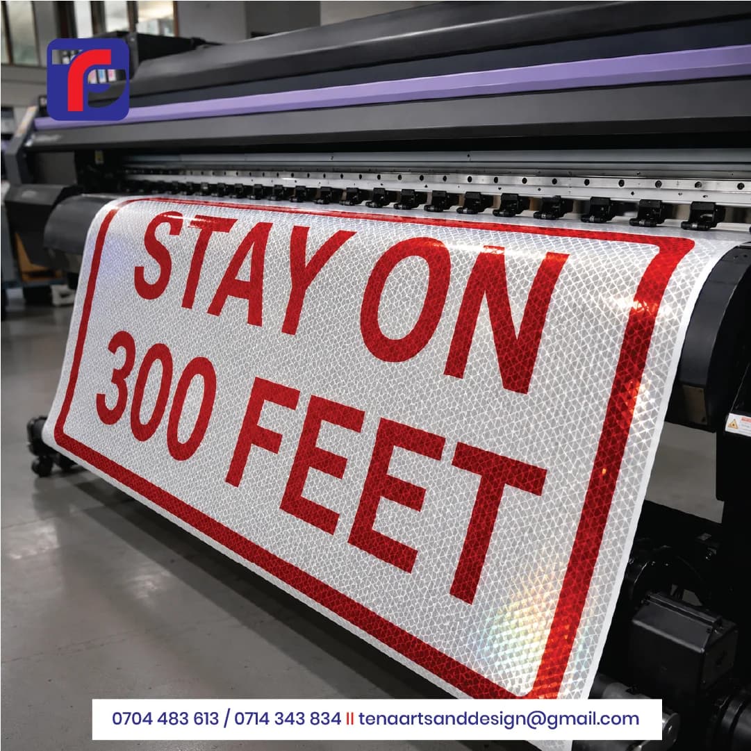 Reflective sticker printing sample with red STAY ON 300 FEET lettering and a border on a silver-white patterned background.