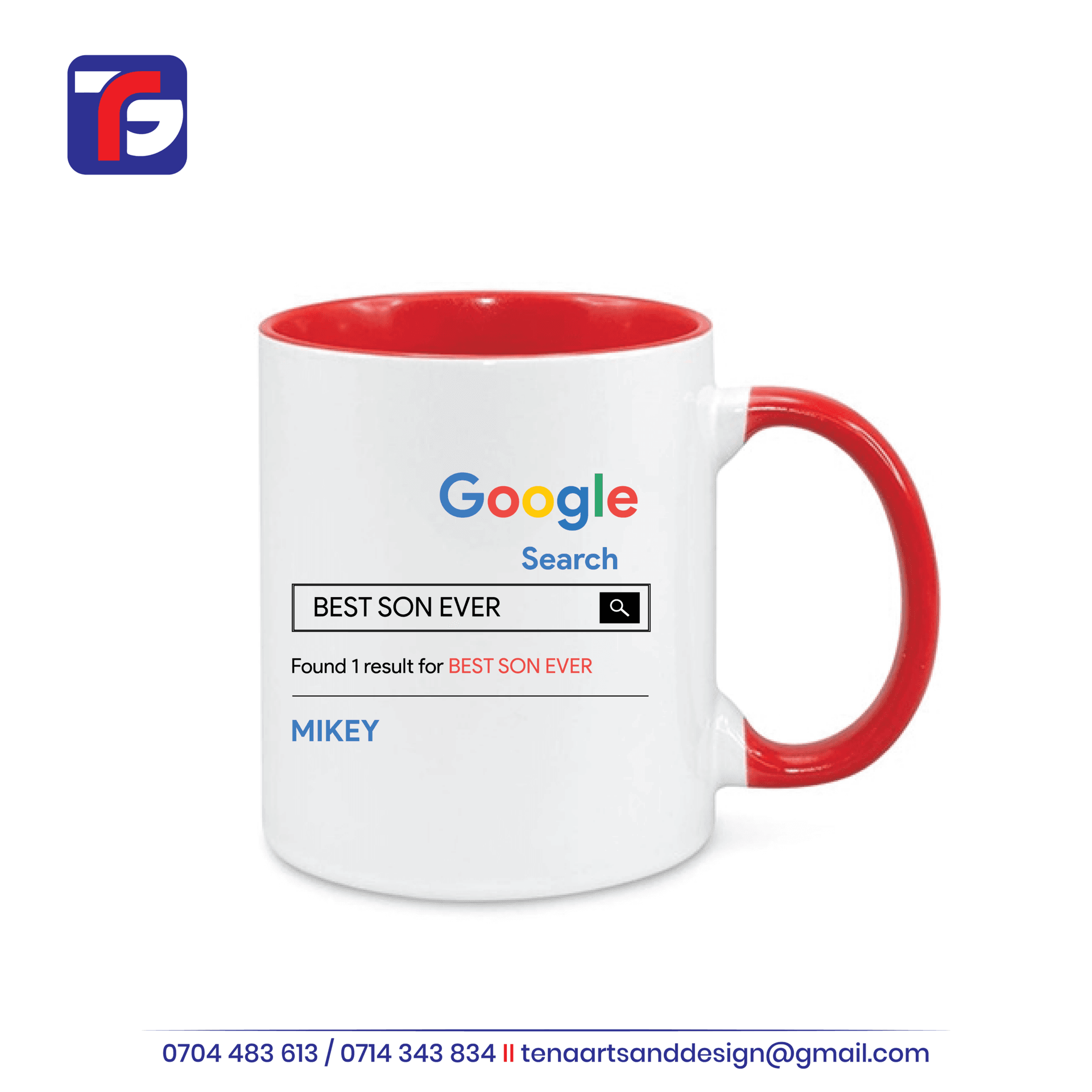 Personalised Best Son Mug with a white exterior, red interior and handle, featuring search-style artwork and the name Mikey.