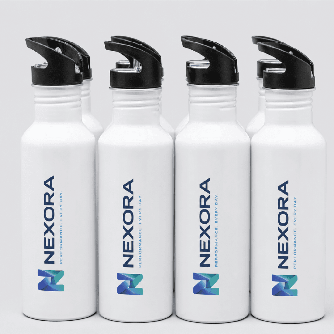 White promotional water bottles with black carry-loop lids and vertical Nexora logo branding.