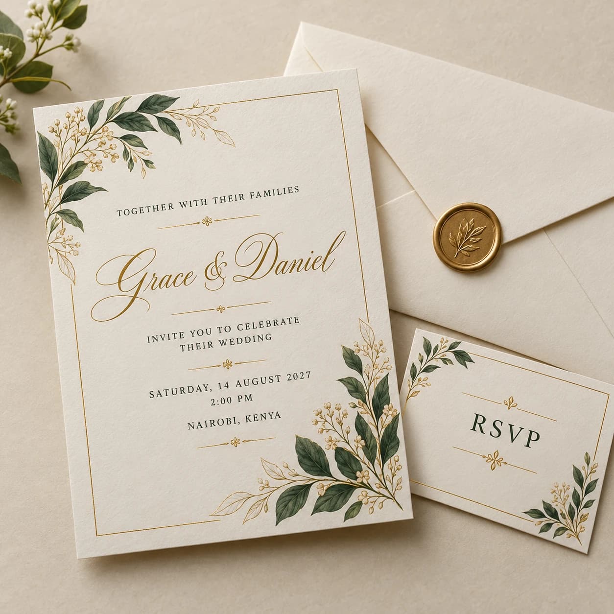Personalised wedding invitation design with couple’s names and ceremony details