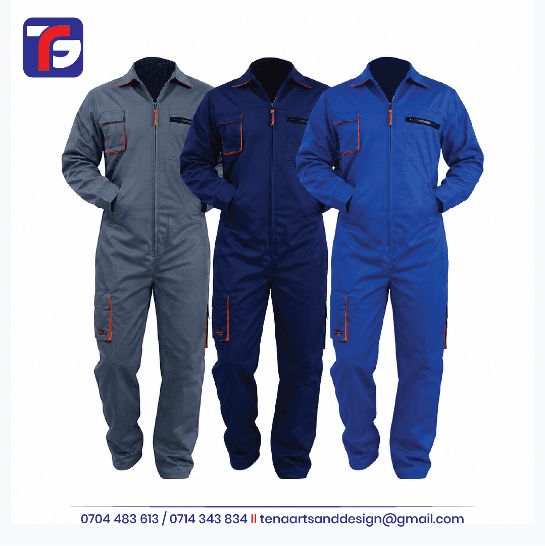 Cargo work overalls in grey, navy blue and royal blue with thigh pockets, front zips and orange trim.