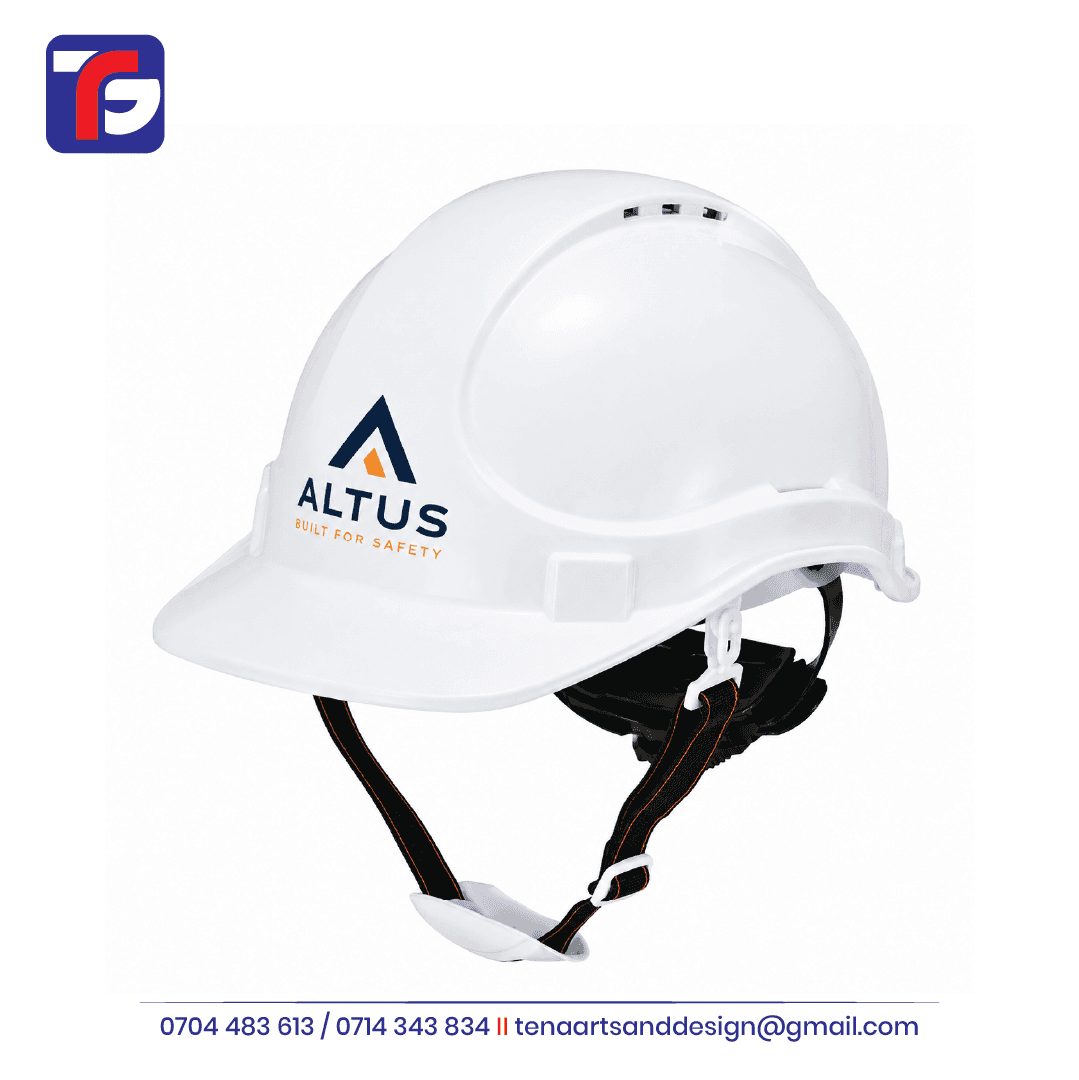 White height safety helmet with black chin straps, a white chin cup, ventilation openings and Altus logo branding.