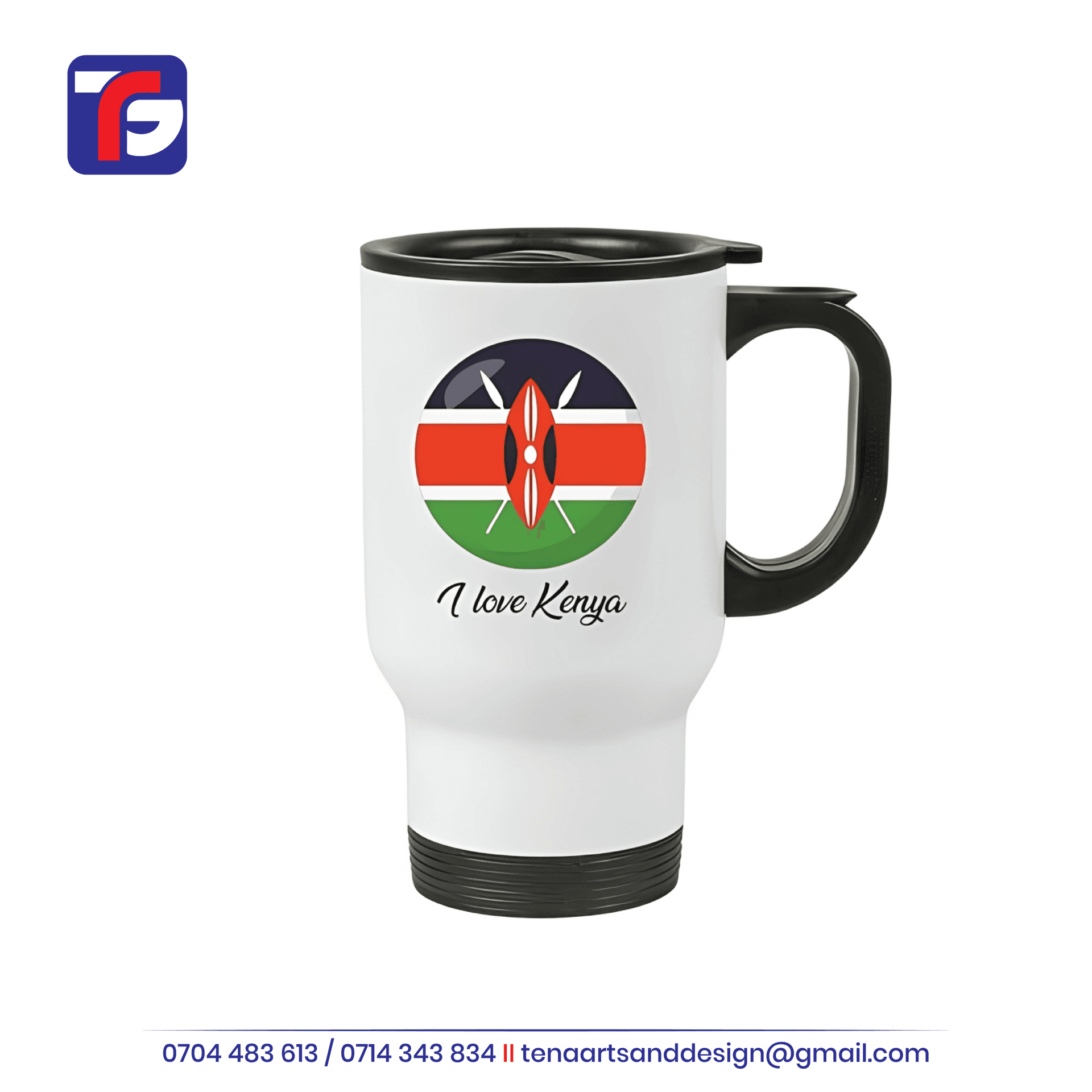White thermal mug Kenya with a black handle and lid, Kenyan flag graphic and I love Kenya wording.