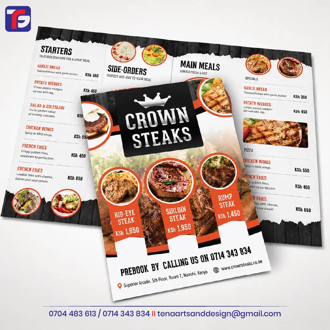 Menu Printing Kenya, custom branded by Tena Graphics