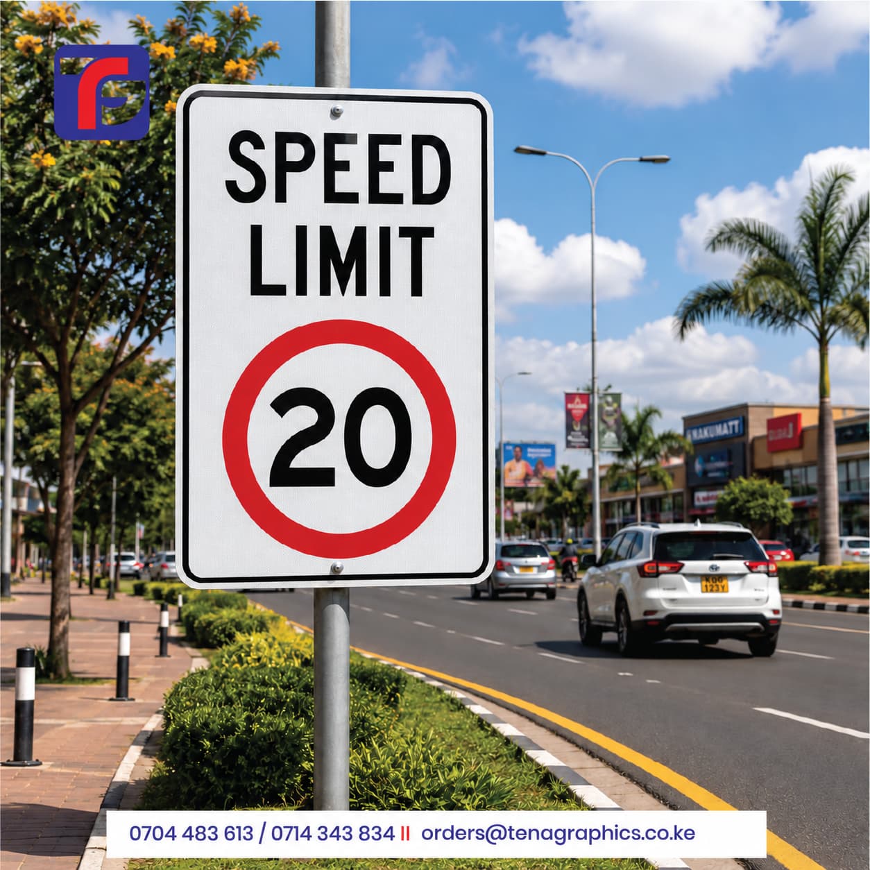 Custom printed A2 size reflective "SPEED LIMIT 20" road signboard with a bold red circle restriction border, mounted on a street pole along a commercial highway by Tena Graphics EA Ltd in Nairobi, Kenya.