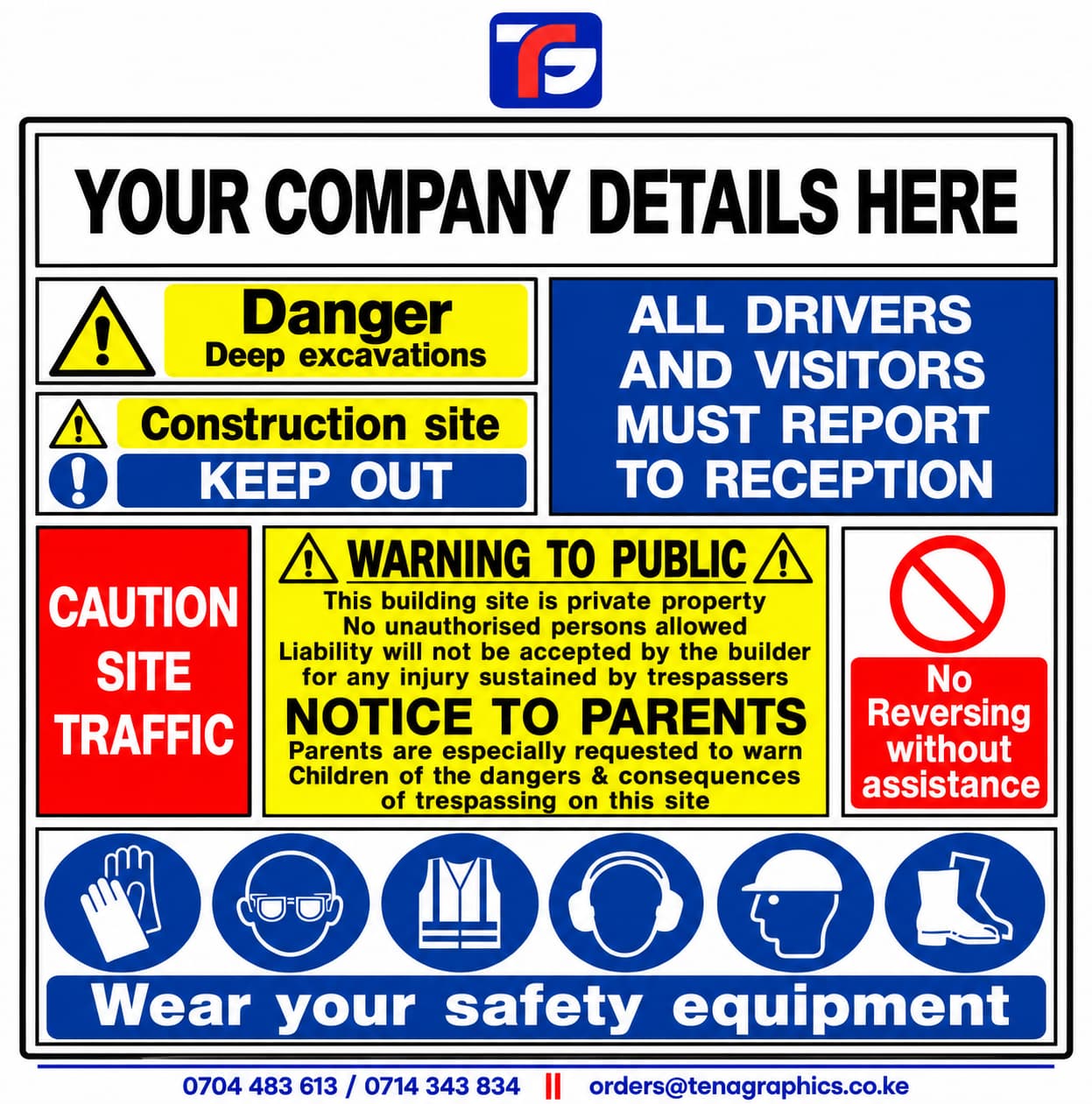 Branded A1 safety sign with company logo printed on Aluco board for construction sites in Kenya