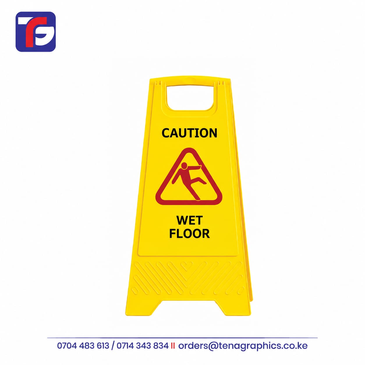 Custom printed high-visibility yellow "CAUTION WET FLOOR" plastic A-frame safety fold-out floor cone sign board featuring a slipping man warning symbol by Tena Graphics EA Ltd in Nairobi, Kenya.